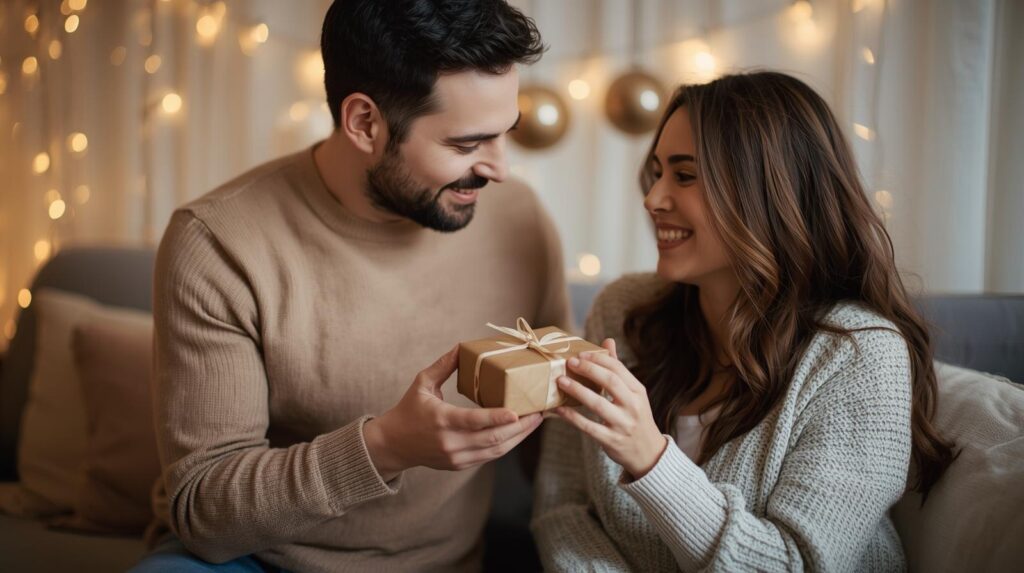 Husband giving an anniversary gift to his wife