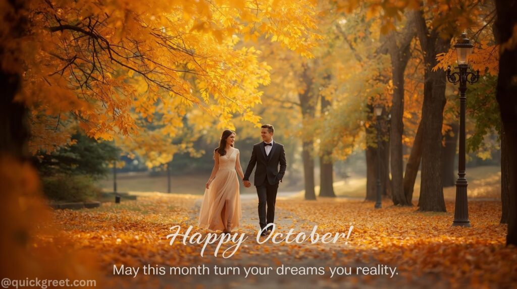 “Romantic October Quotes with autumn couple and love vibes”