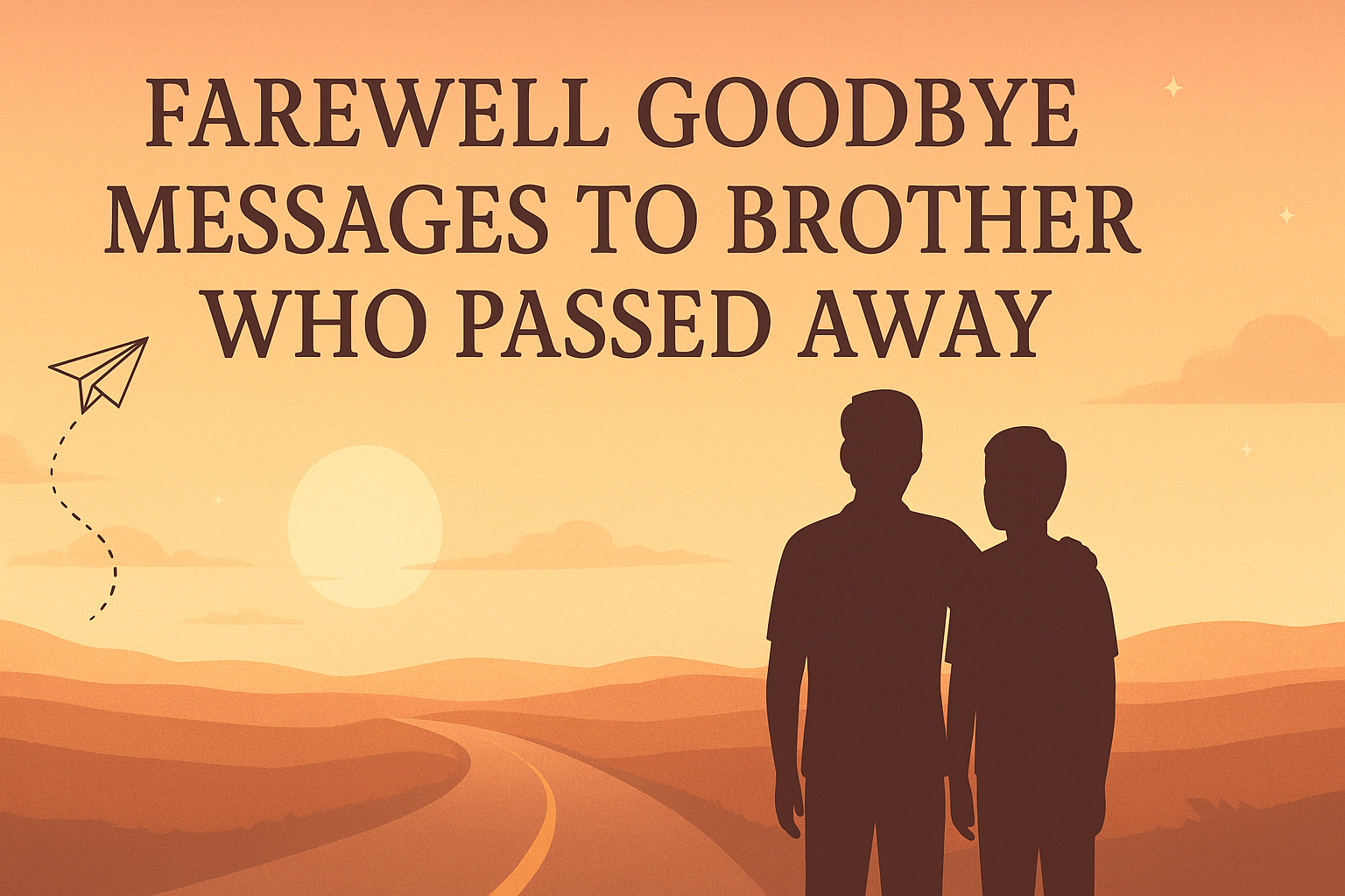 A farewell-themed illustration showing two brothers standing together on a winding road at sunset. The warm pastel sky, glowing sun, and a flying paper airplane symbolize remembrance, love, and saying goodbye. The title text reads: 'Farewell Goodbye Messages to Brother Who Passed Away'.