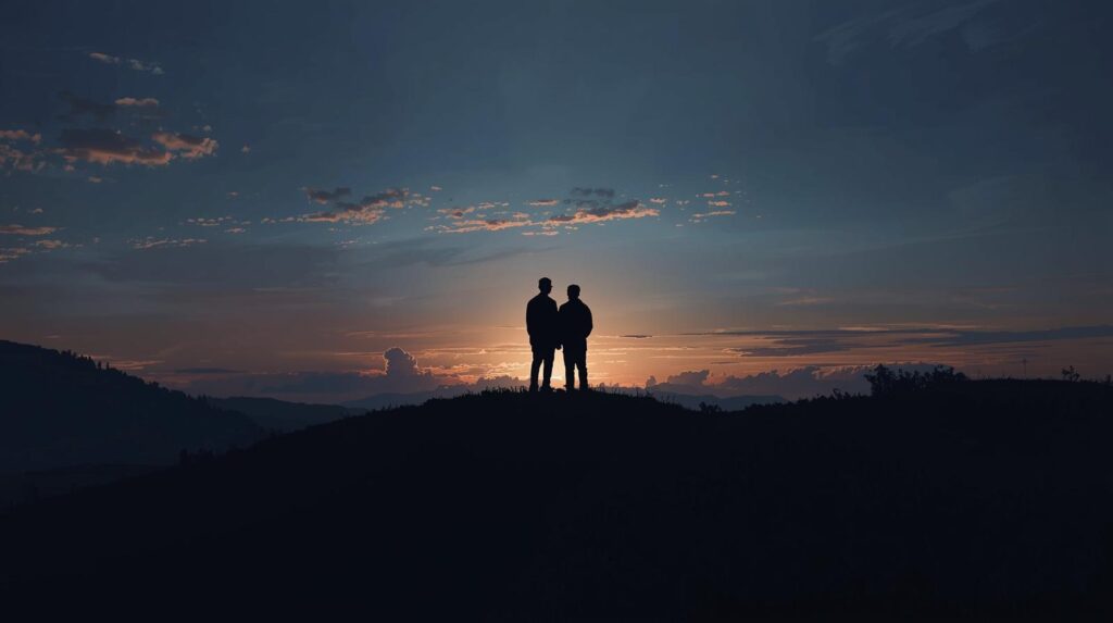 Silhouettes of two brothers on a hilltop, one slowly fading into light, representing a farewell and the eternal memory of a brother who passed away.